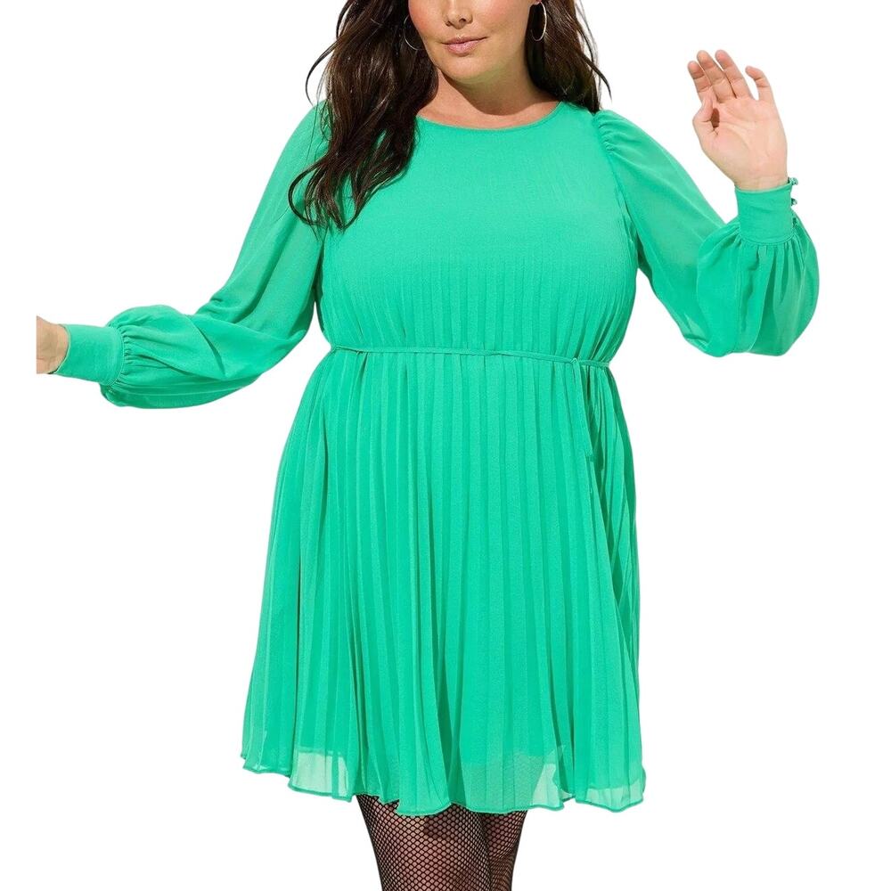 Torrid NWT Kelly Green Chiffon Accordion Pleated Long Sleeve A-line Mini Dress